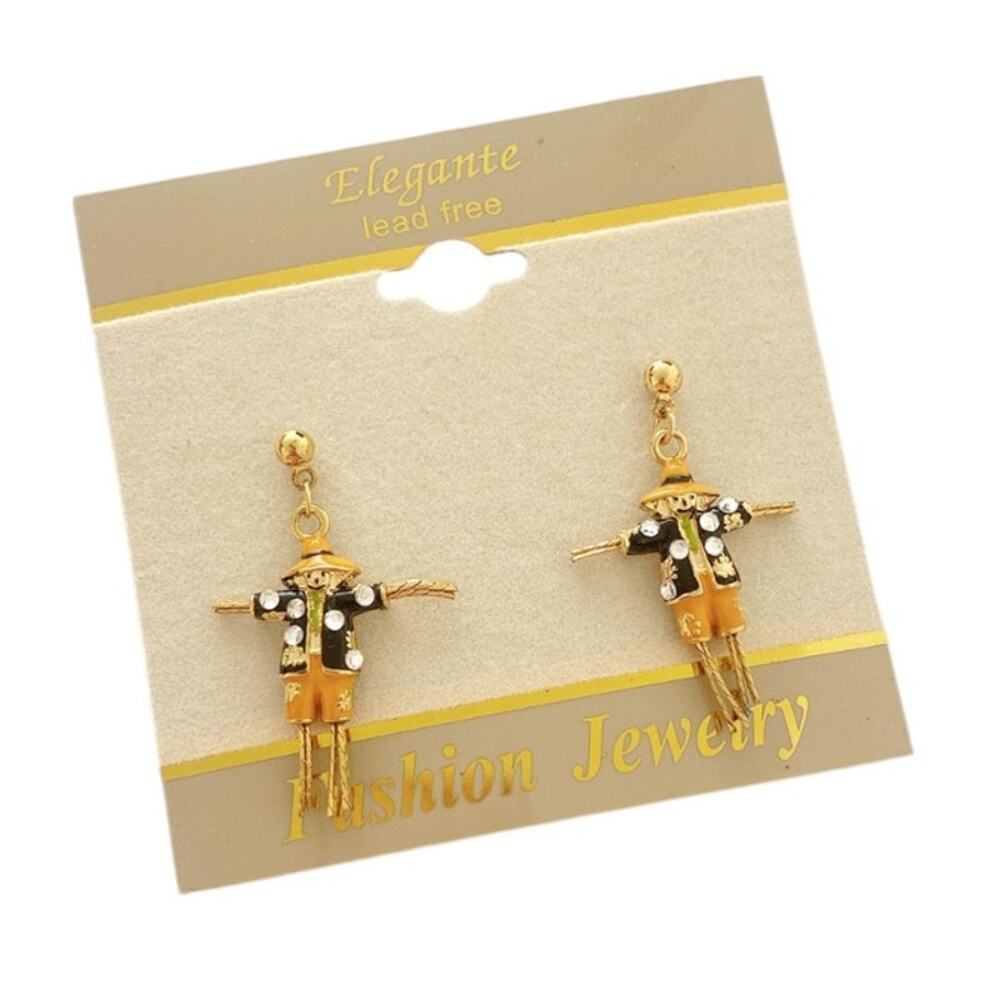 Nwt Crystal Dangle Enamel Scarecrow Gold Plated Earrings 9$